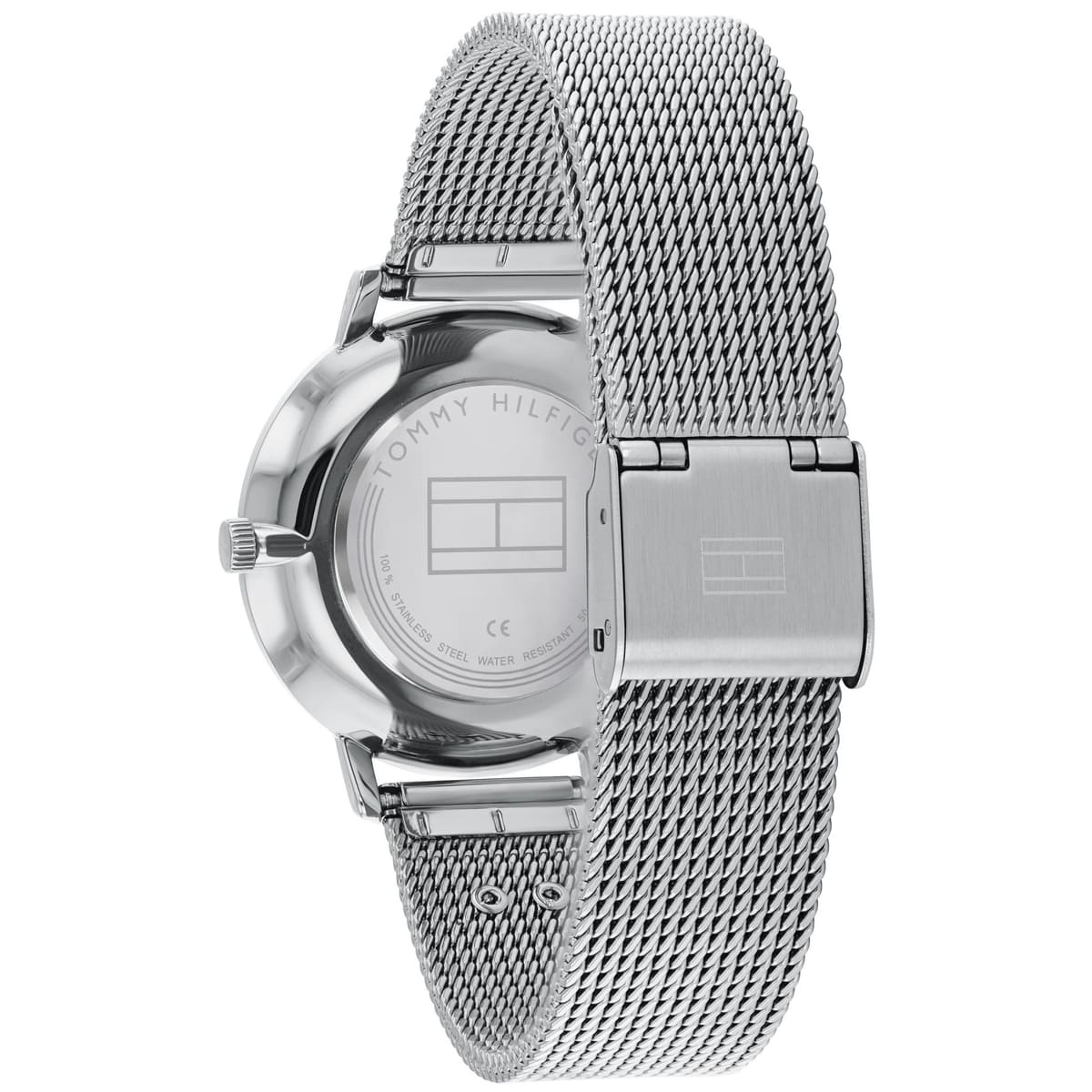 Tommy Hilfiger TEA watch caseback showing stainless steel mesh strap connection