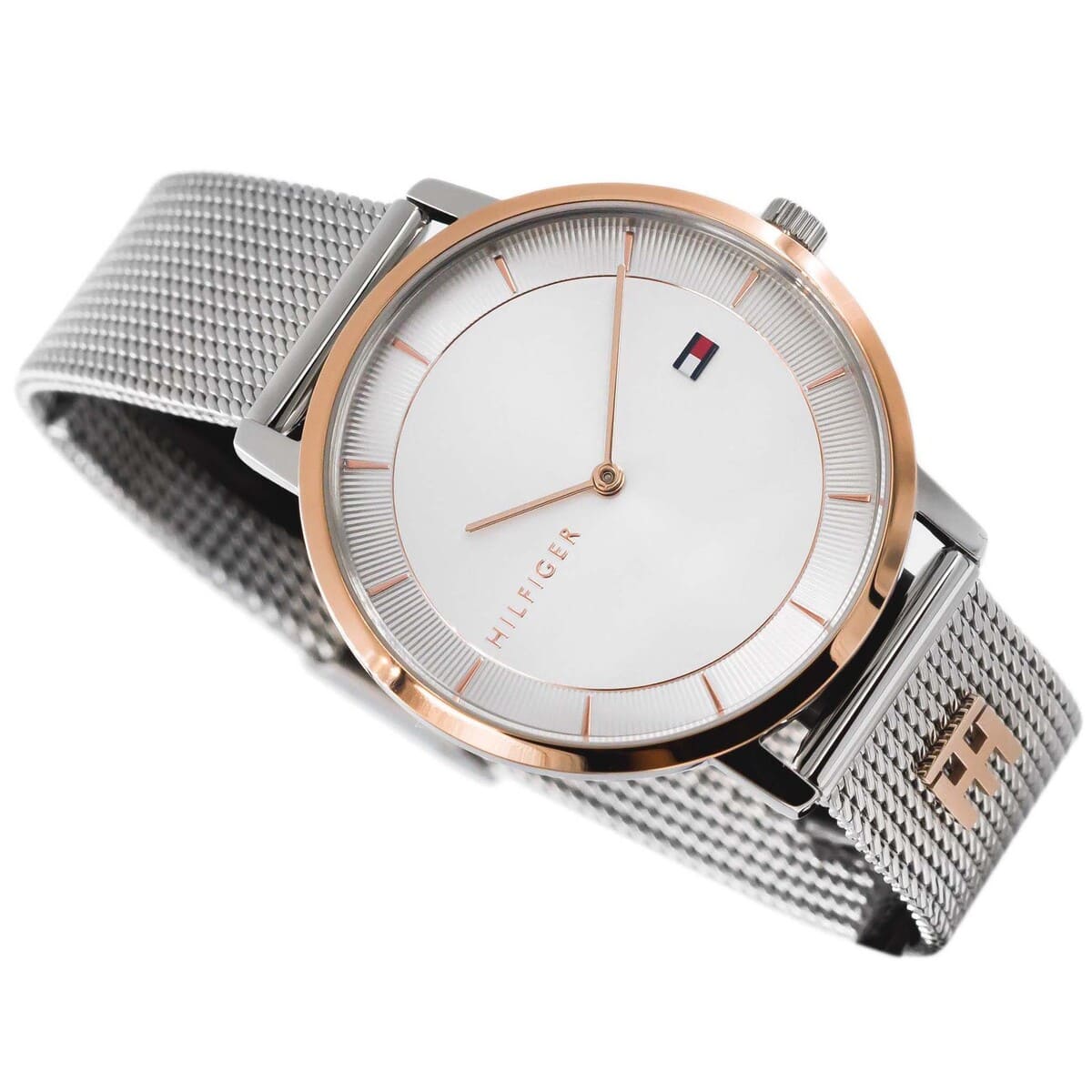 Tommy Hilfiger TEA women's dress watch worn on wrist with mesh strap