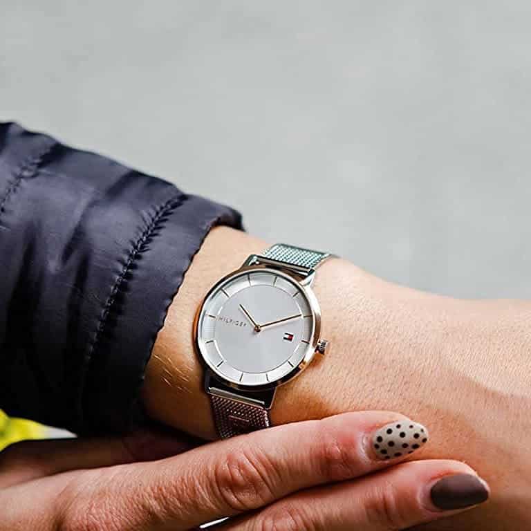 Tommy Hilfiger TEA watch on wrist showing silver dial with rose gold accents