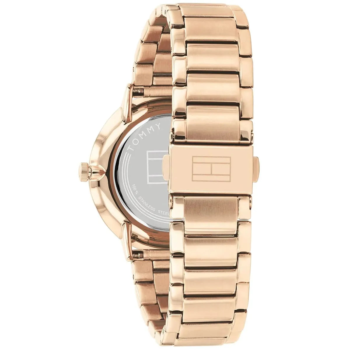 Caseback view of Tommy Hilfiger women's rose gold watch with stainless steel bracelet
