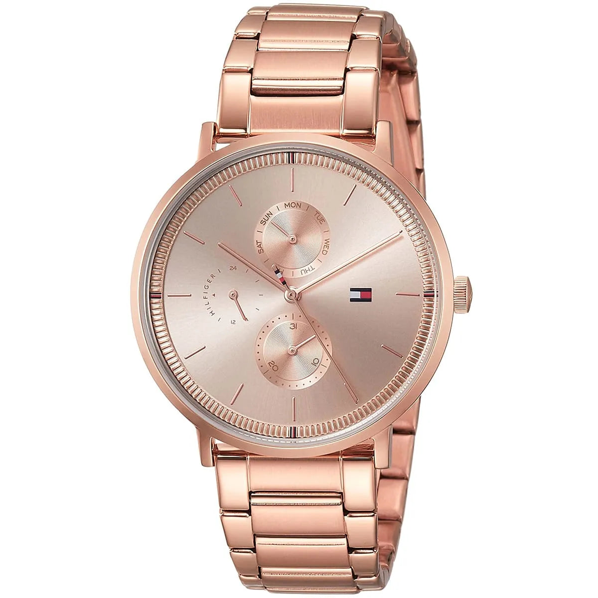 Rose gold Tommy Hilfiger women's watch angled view showing chronograph subdials and metal bracelet