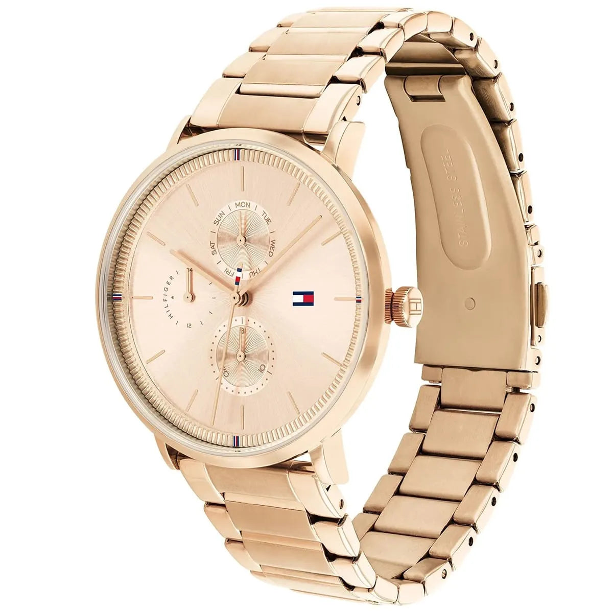 Side view of rose gold Tommy Hilfiger women's watch showing stainless steel metal strap