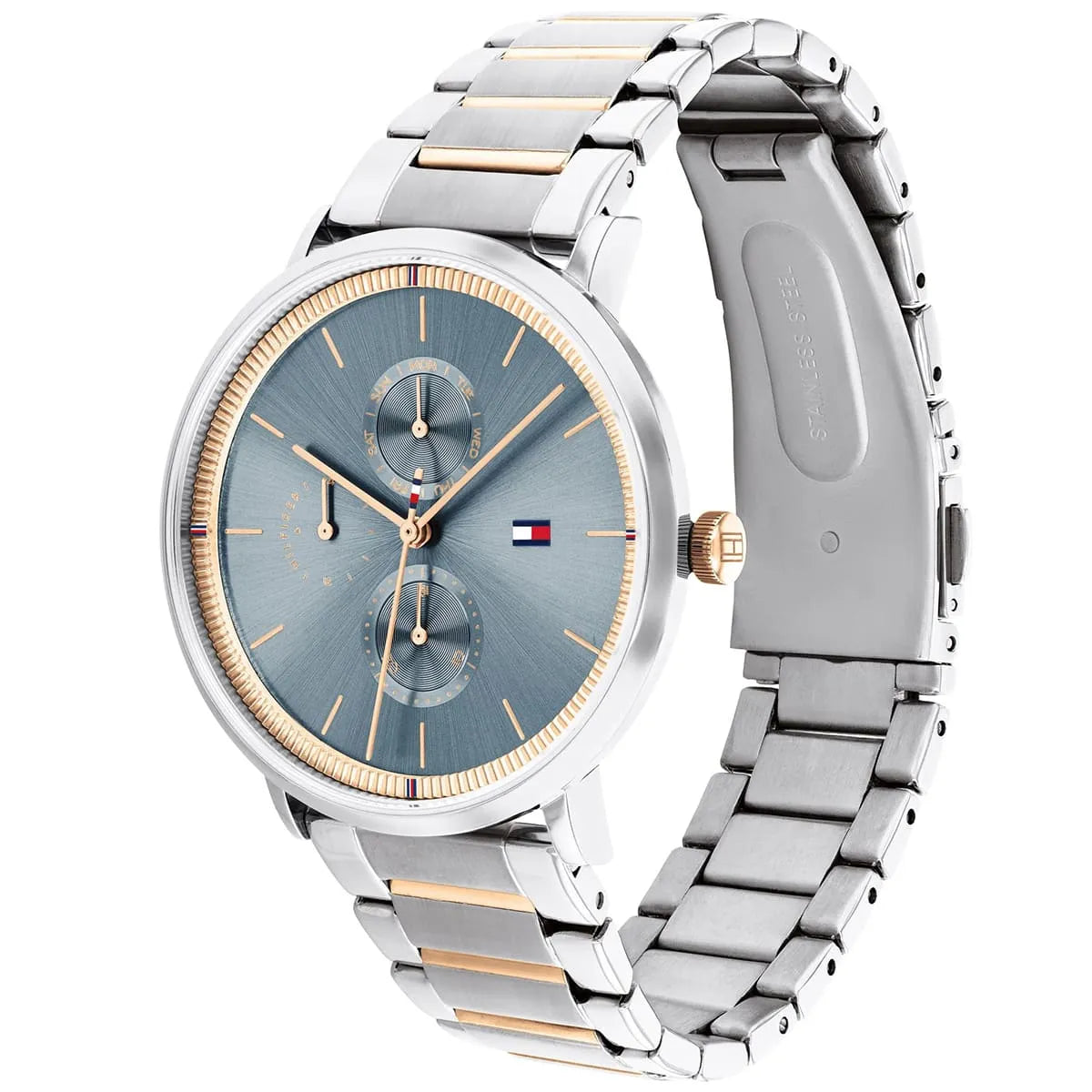 Side angle view of Tommy Hilfiger Jenna watch showing blue dial and mixed metal bracelet