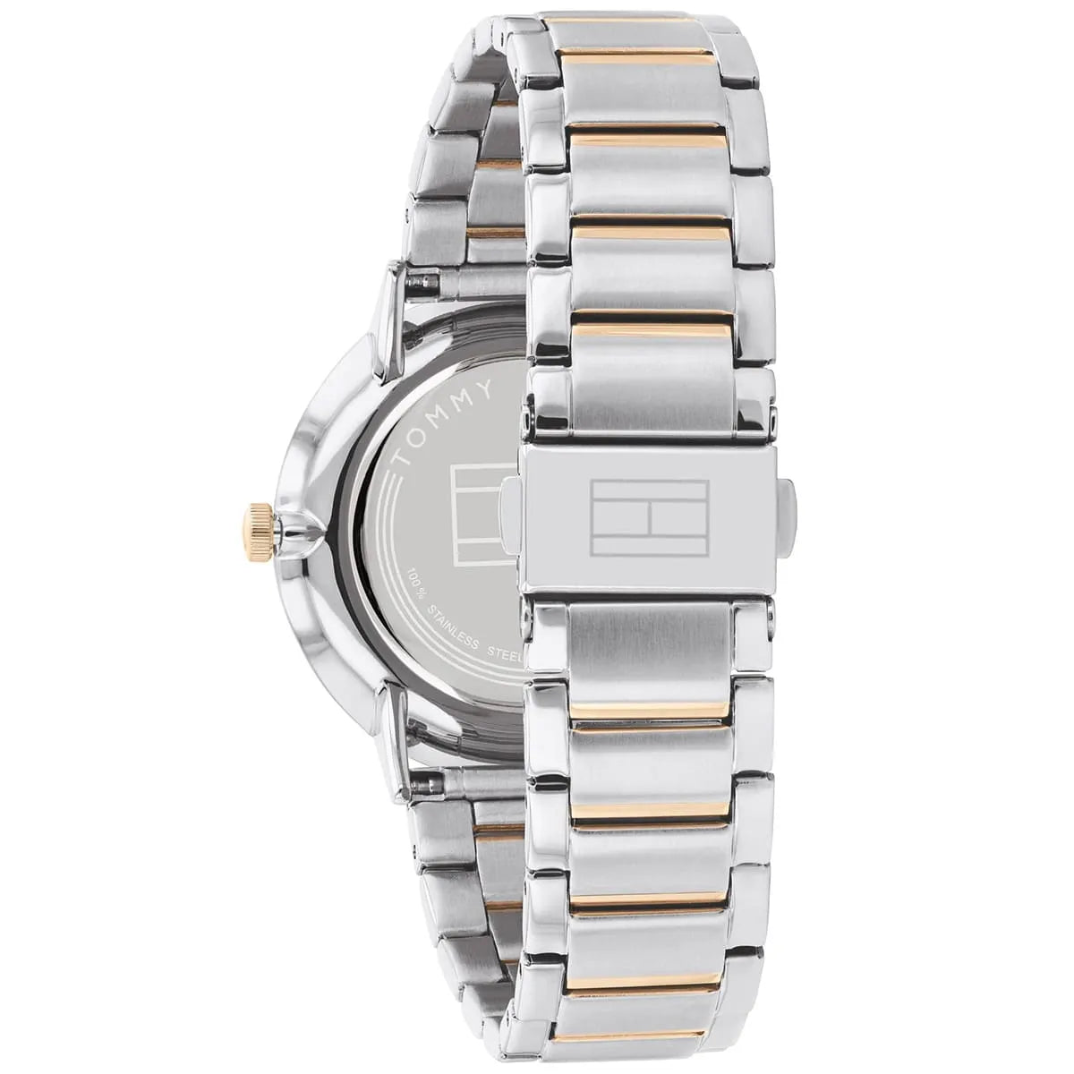 Caseback of Tommy Hilfiger Jenna watch showing stainless steel back and mixed metal bracelet