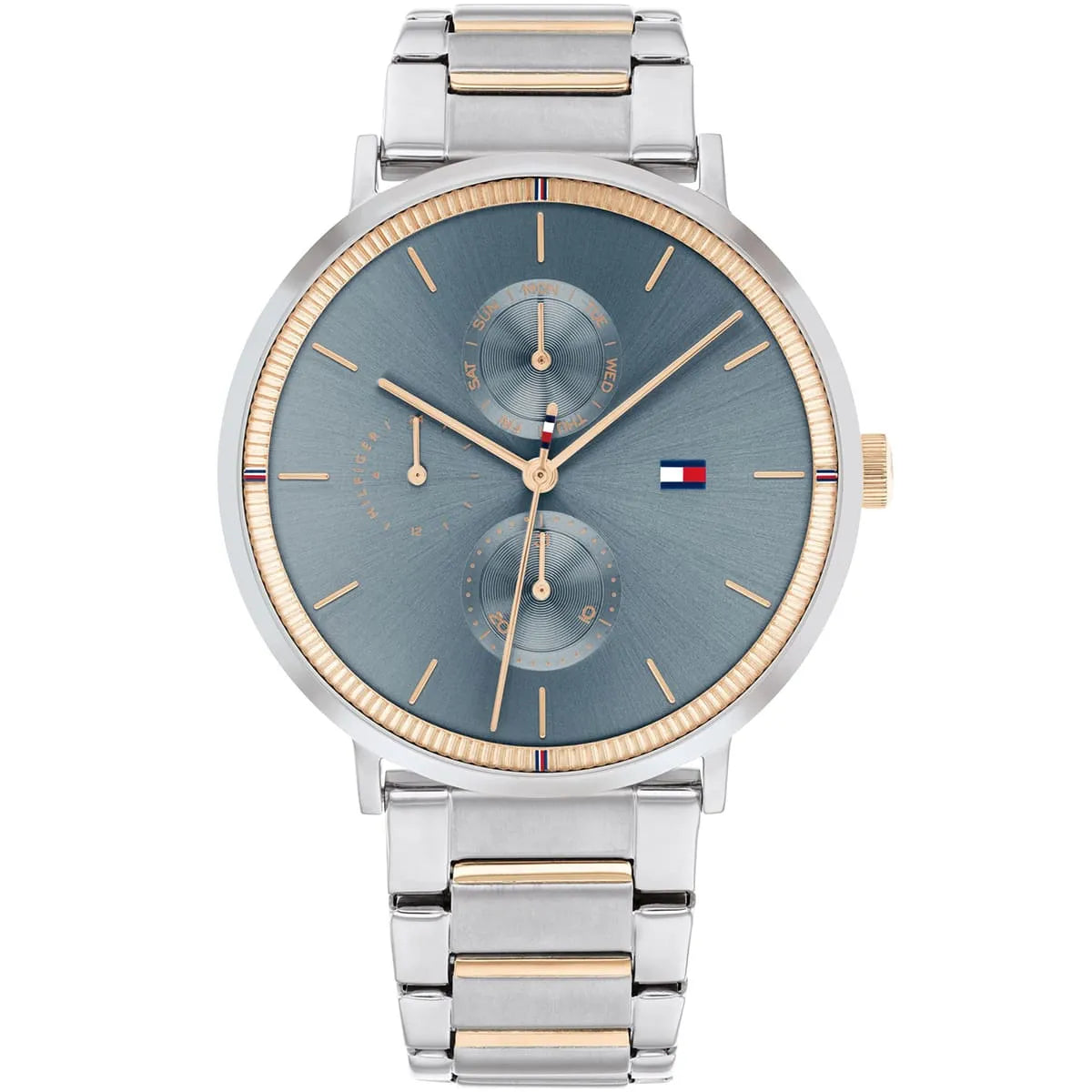 Tommy Hilfiger Jenna women's watch with blue dial, dual subdials, and silver rose gold stainless steel bracelet