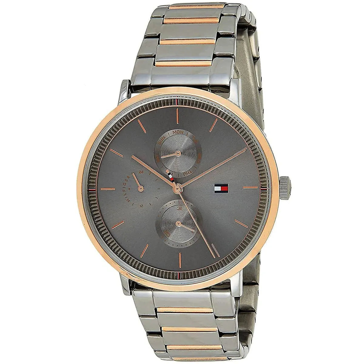 Tommy Hilfiger Jenna watch at angle showing bicolor rose gold and gunmetal bracelet