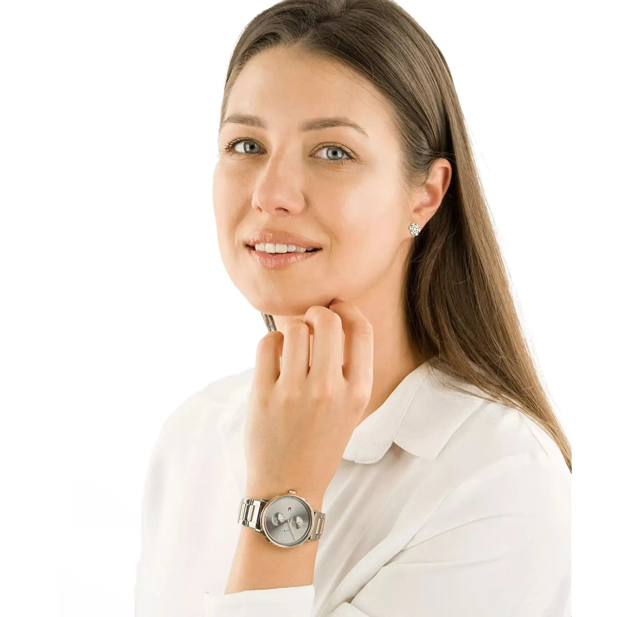 Woman wearing Tommy Hilfiger Jenna watch in lifestyle setting
