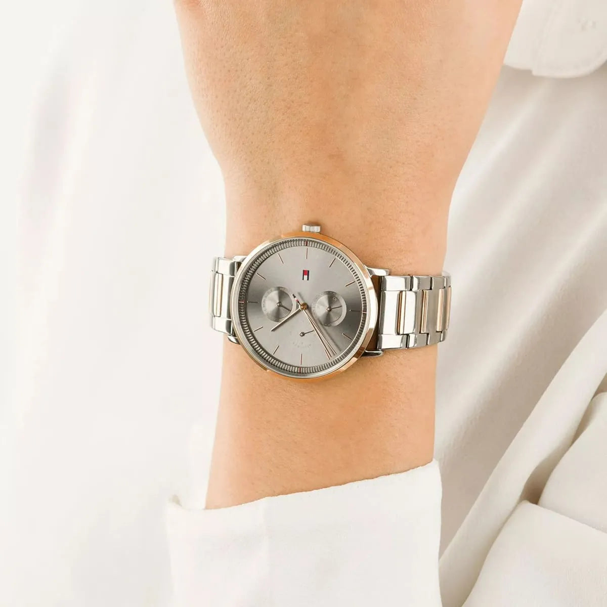 Tommy Hilfiger Jenna watch on wrist showing gray dial and rose gold bezel