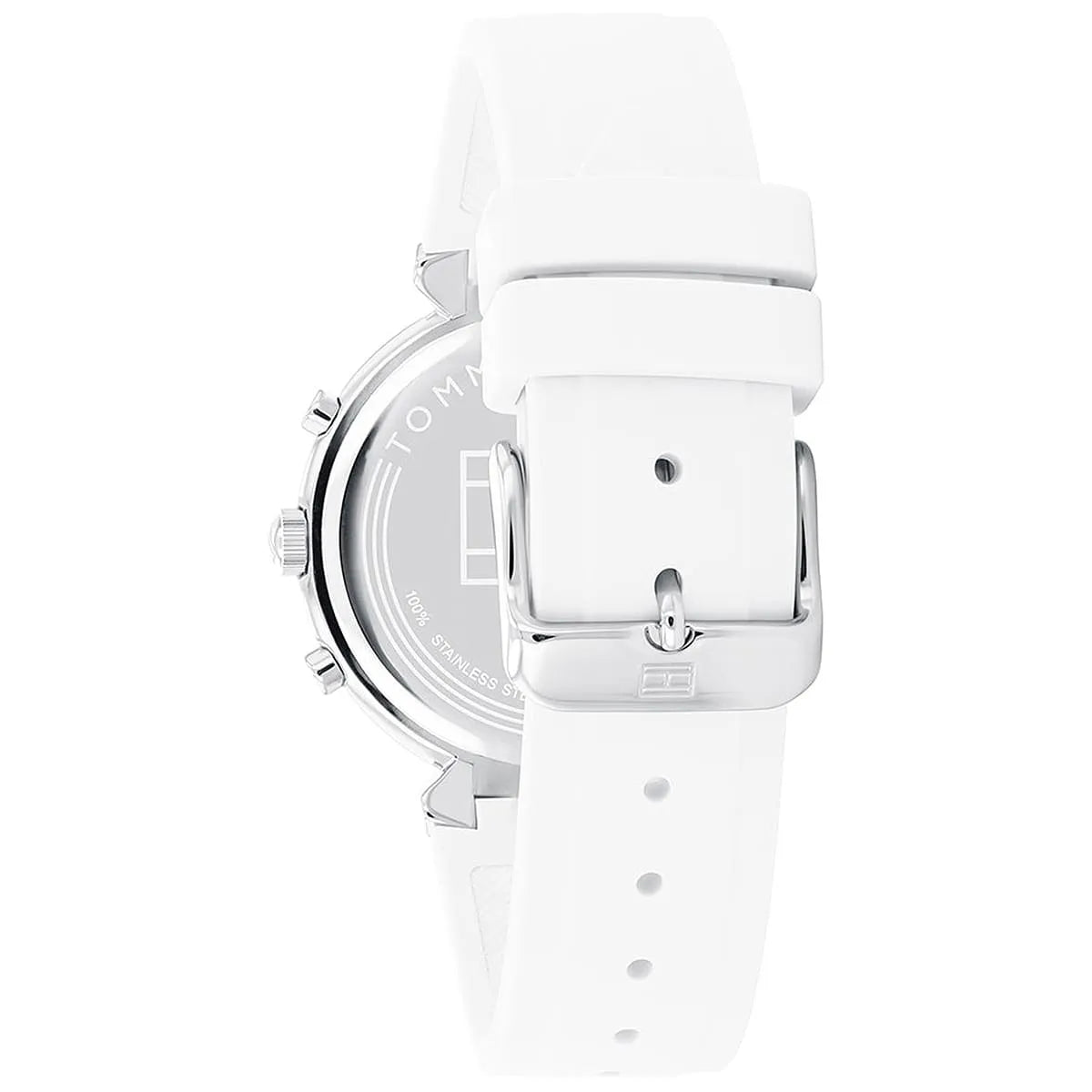 Side view of Tommy Hilfiger Ivy watch showing white rubber strap and case profile