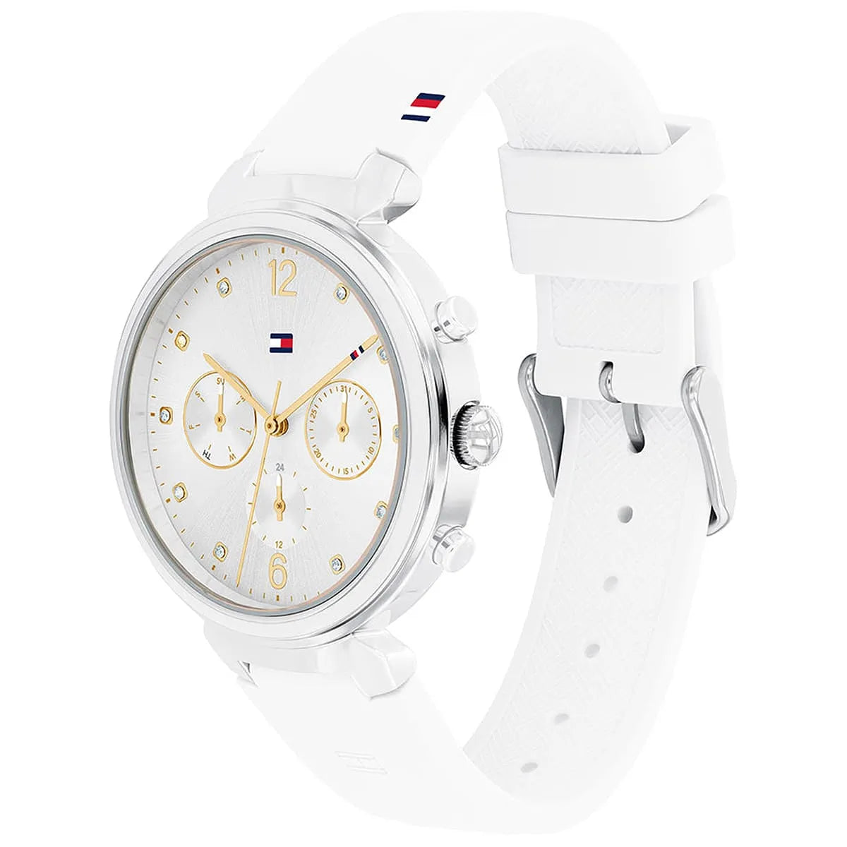 Tommy Hilfiger Ivy watch angled view showing silver dial with subdials and white rubber strap
