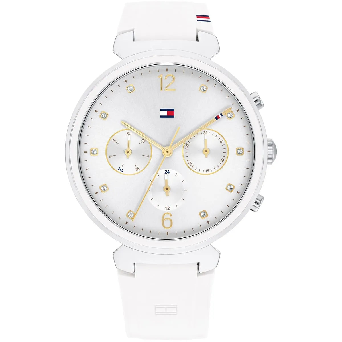 Tommy Hilfiger Ivy women's multifunction watch with silver dial and white rubber strap