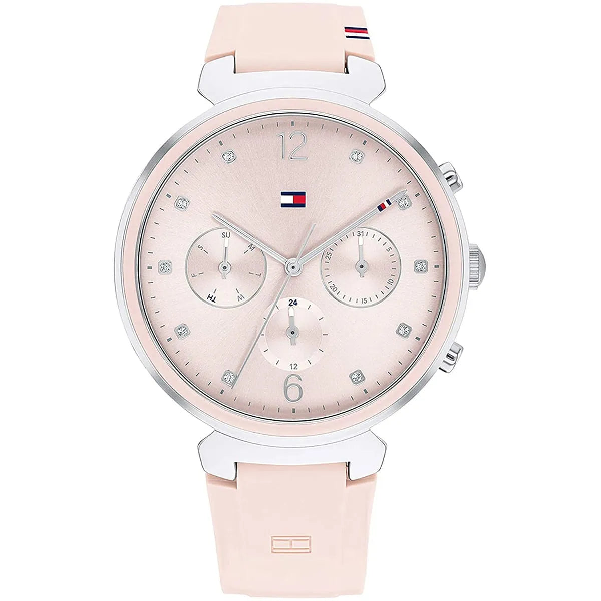 Tommy Hilfiger women's watch with pink dial, chronograph subdials, and pink rubber strap
