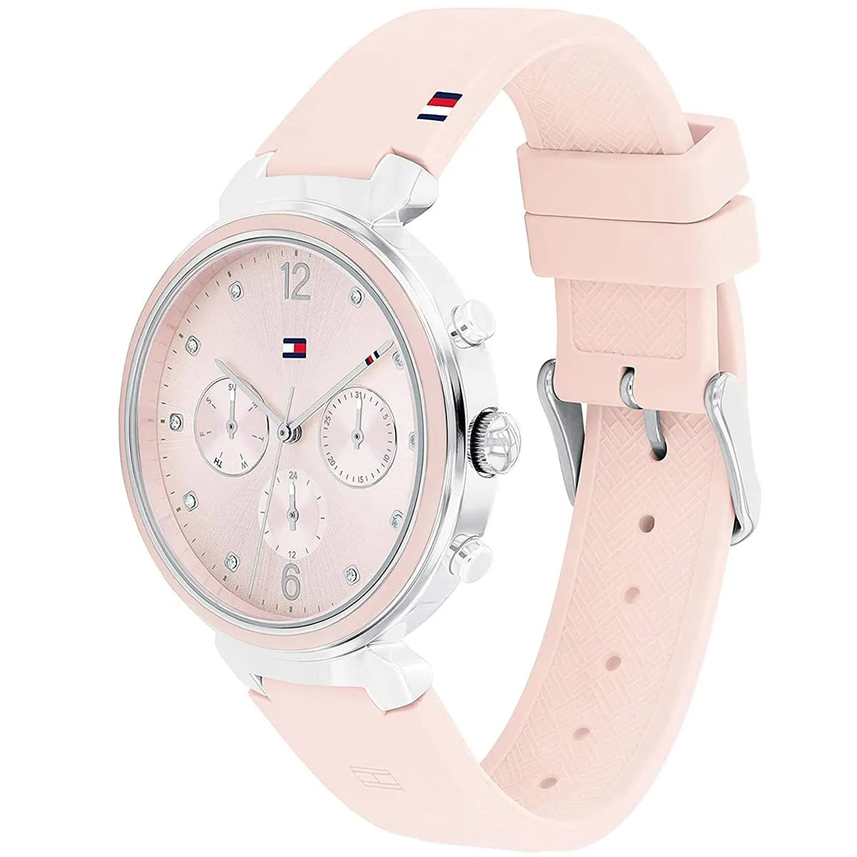 Side angle view of Tommy Hilfiger watch showing pink rubber strap with buckle