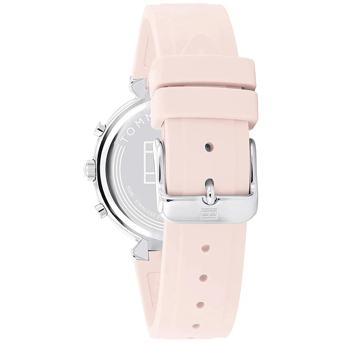 Tommy Hilfiger watch side profile displaying case and pink rubber strap details