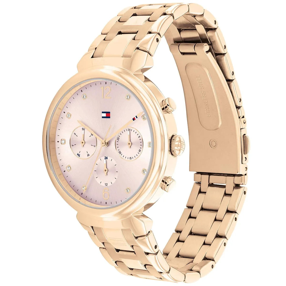 Tommy Hilfiger Ivy watch angled view showing pink dial and rose gold stainless steel bracelet
