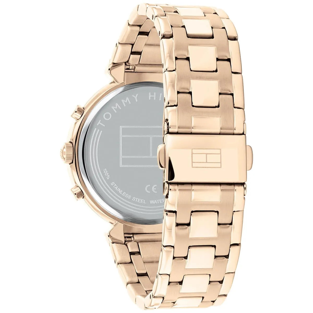 Tommy Hilfiger Ivy watch caseback showing rose gold stainless steel case and bracelet