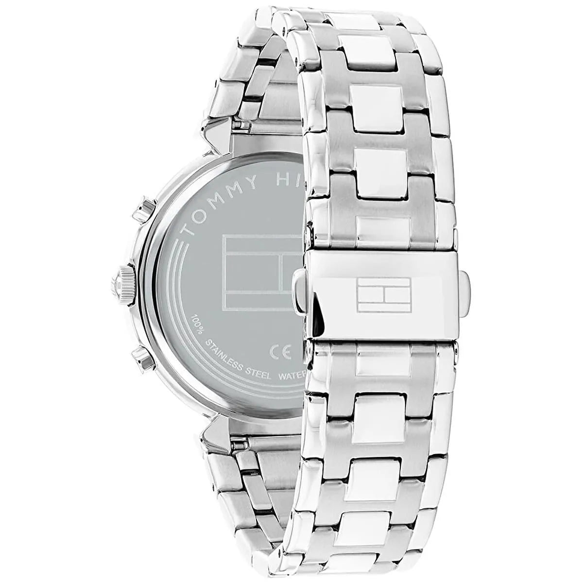 Tommy Hilfiger Ivy watch caseback showing stainless steel with brand and specifications engraved