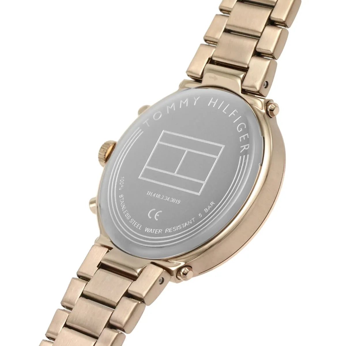 Tommy Hilfiger Libby rose gold watch caseback showing logo and water resistance marking