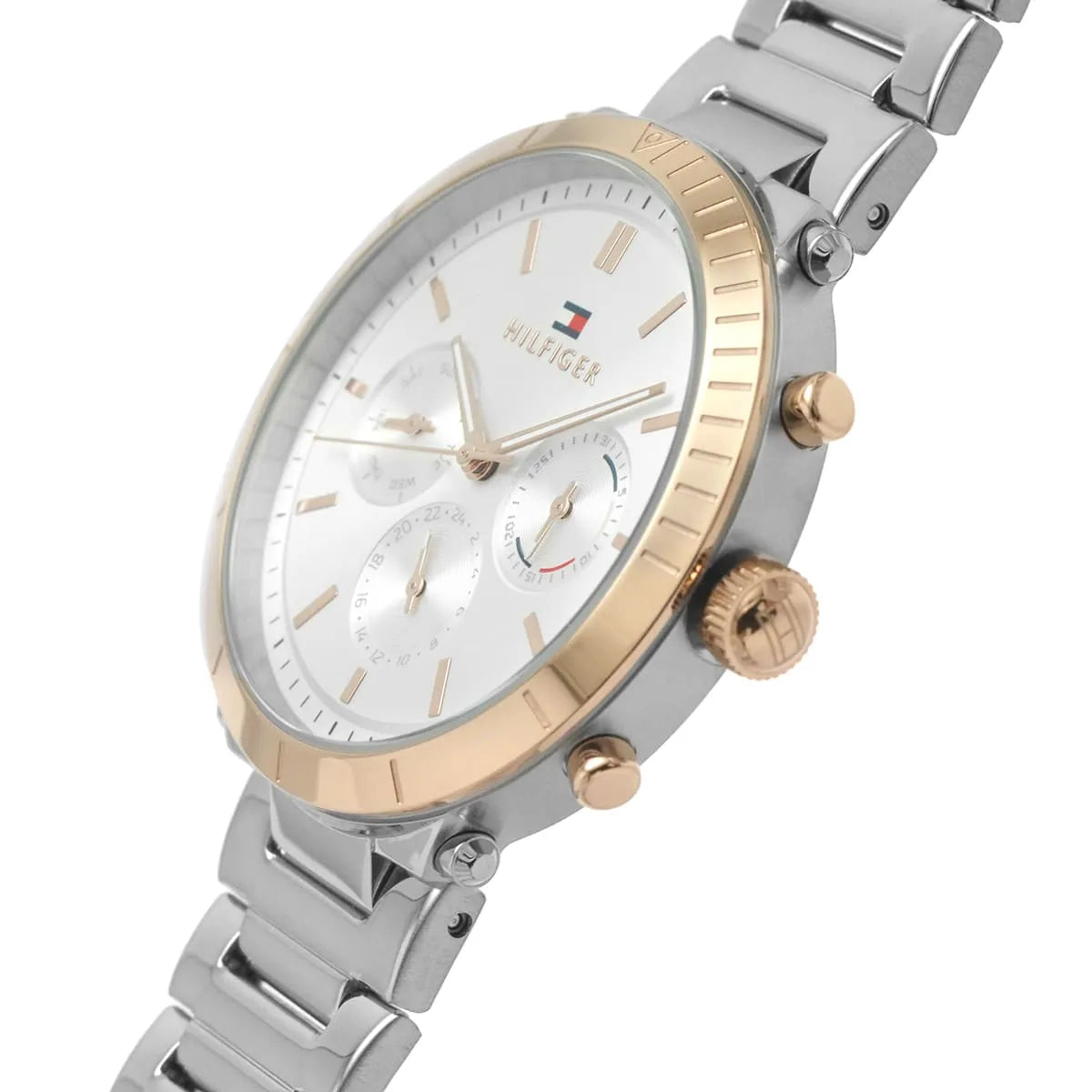 Tommy Hilfiger Emery chronograph watch side view with rose gold pushers