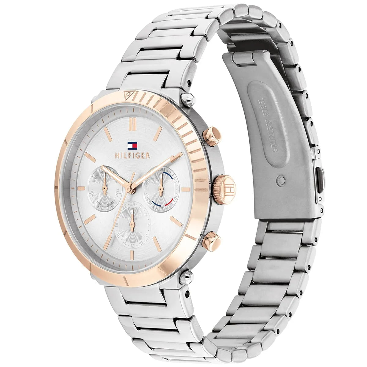 Tommy Hilfiger Emery watch side profile showing stainless steel bracelet