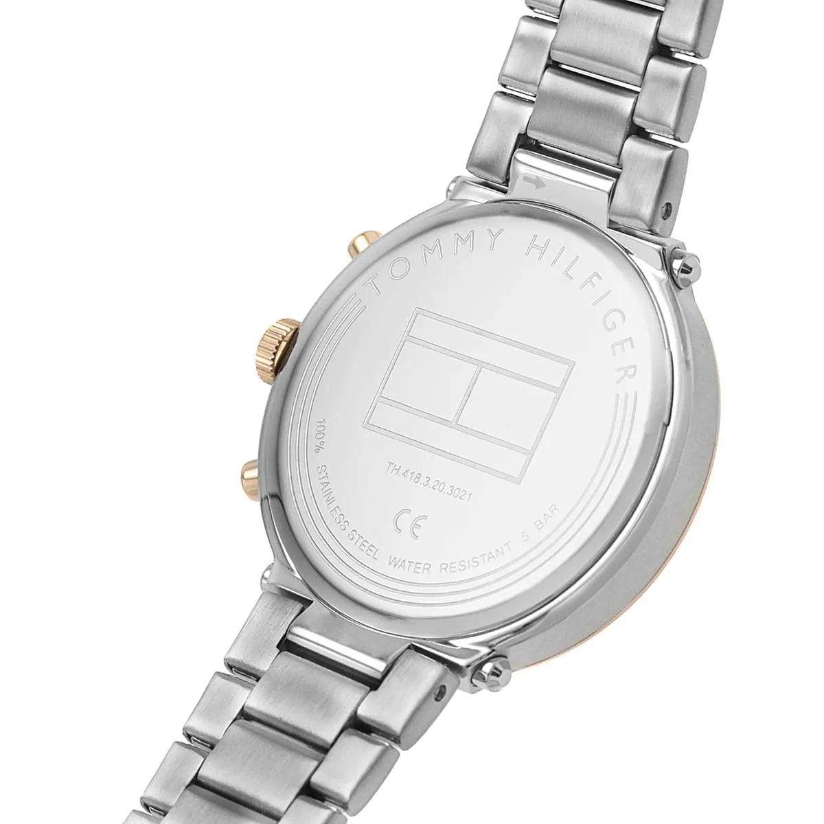 Tommy Hilfiger Emery watch caseback with logo and water resistance marking