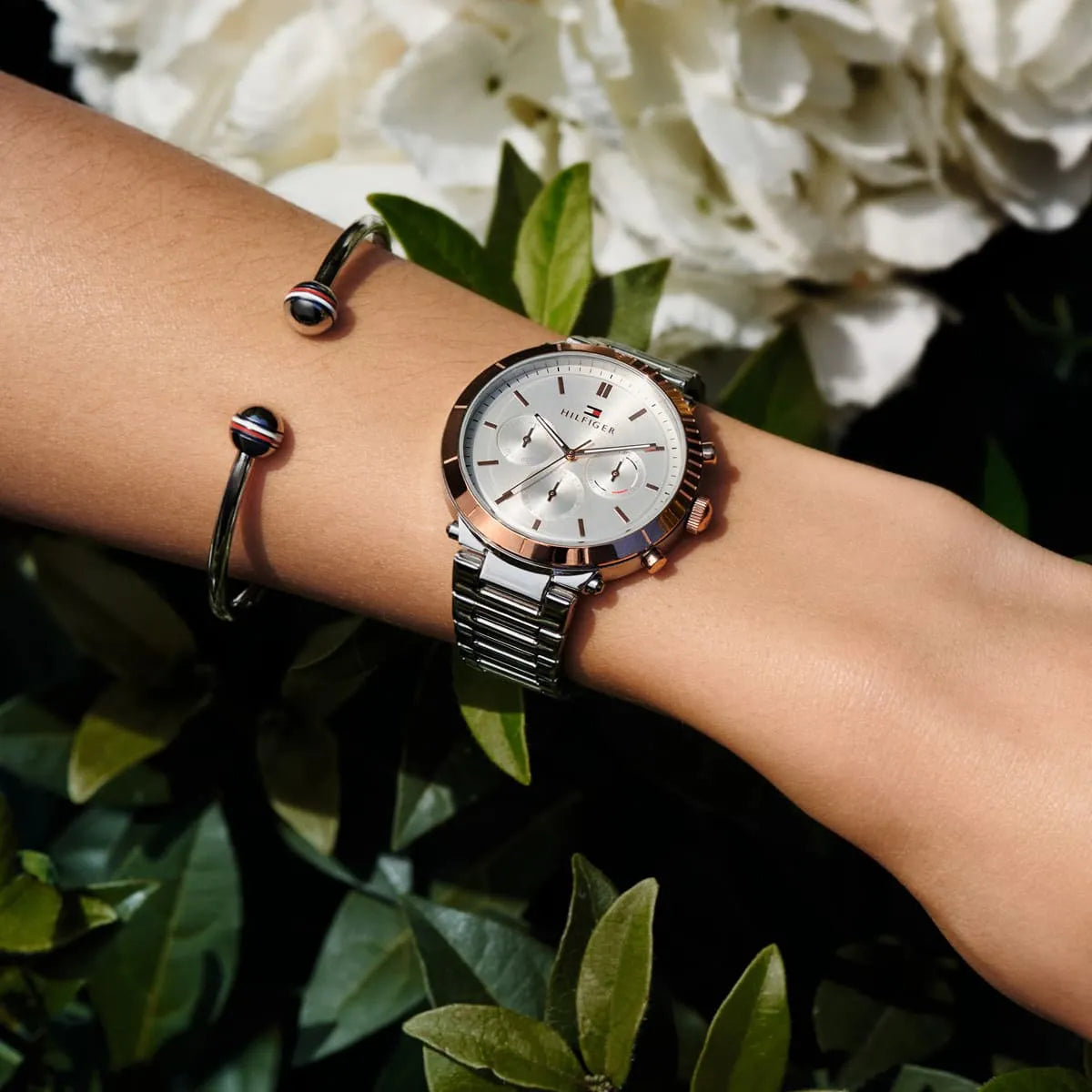 Tommy Hilfiger Emery chronograph watch styled with flowers and bracelet