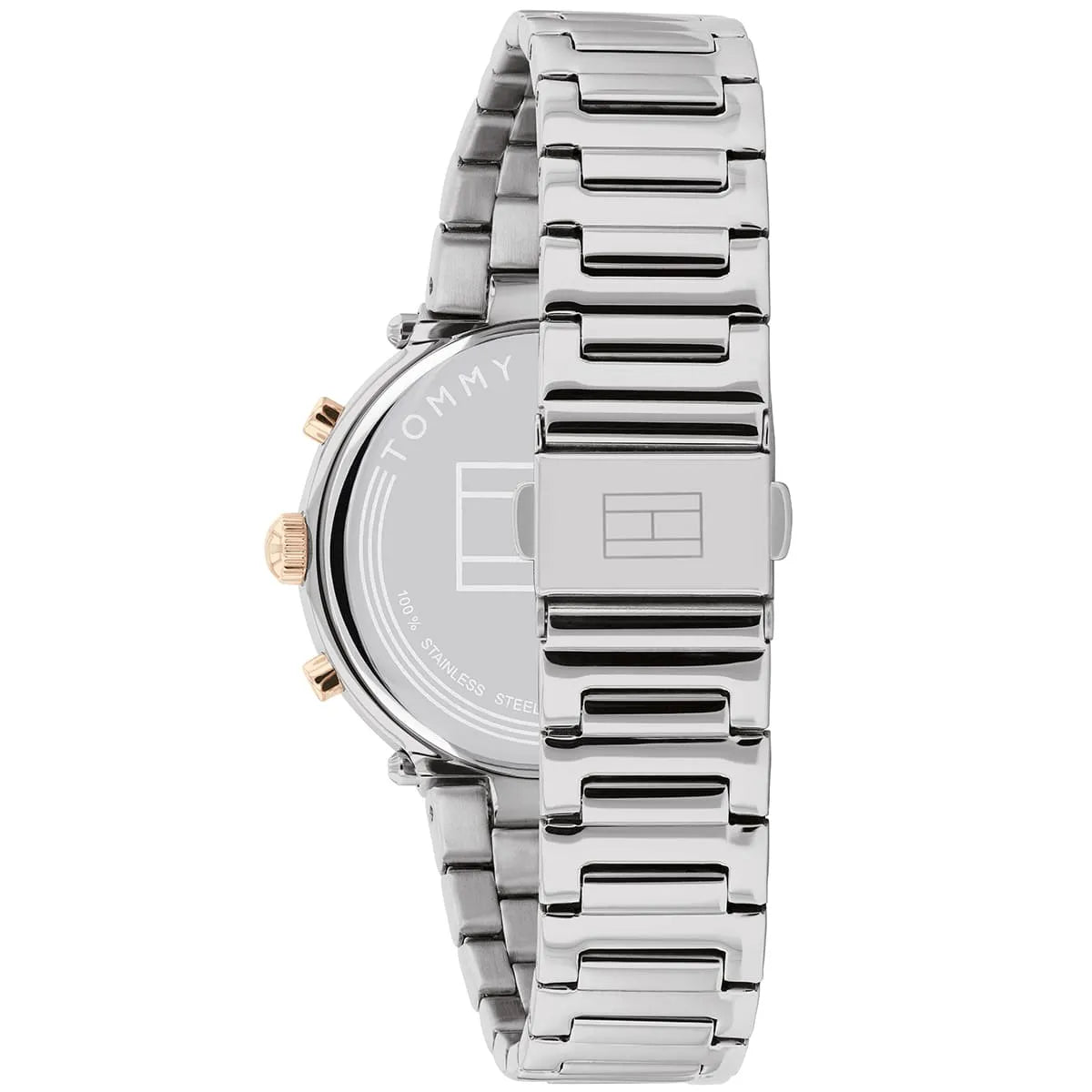 Tommy Hilfiger Emery watch side view of stainless steel metal bracelet