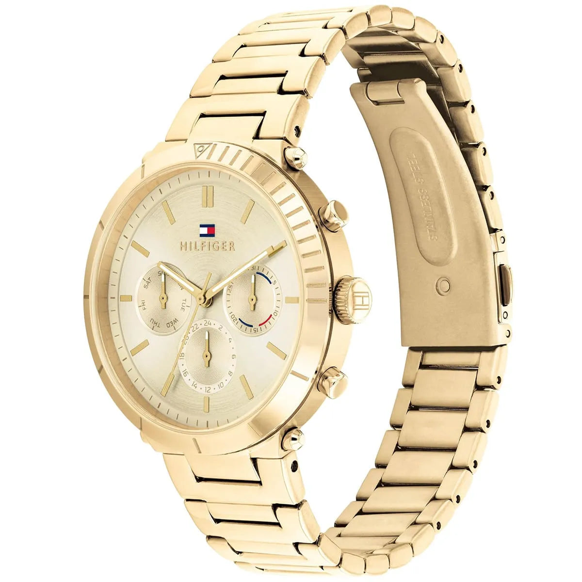 Tommy Hilfiger Emery watch gold case and bracelet with three sub-dial chronograph