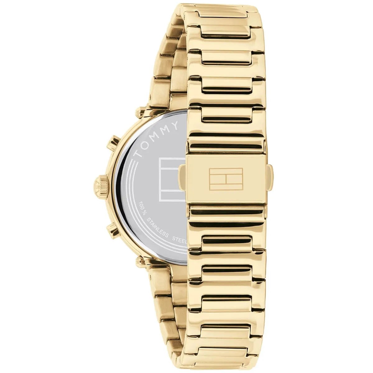 Side view of Tommy Hilfiger Emery gold stainless steel bracelet and case back