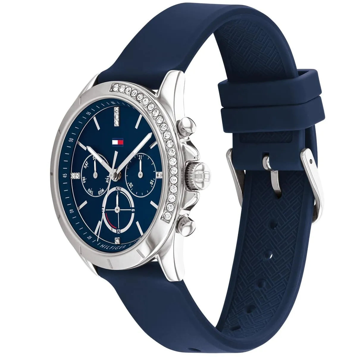 Tommy Hilfiger Kennedy watch at angle showing navy rubber strap and chronograph subdials