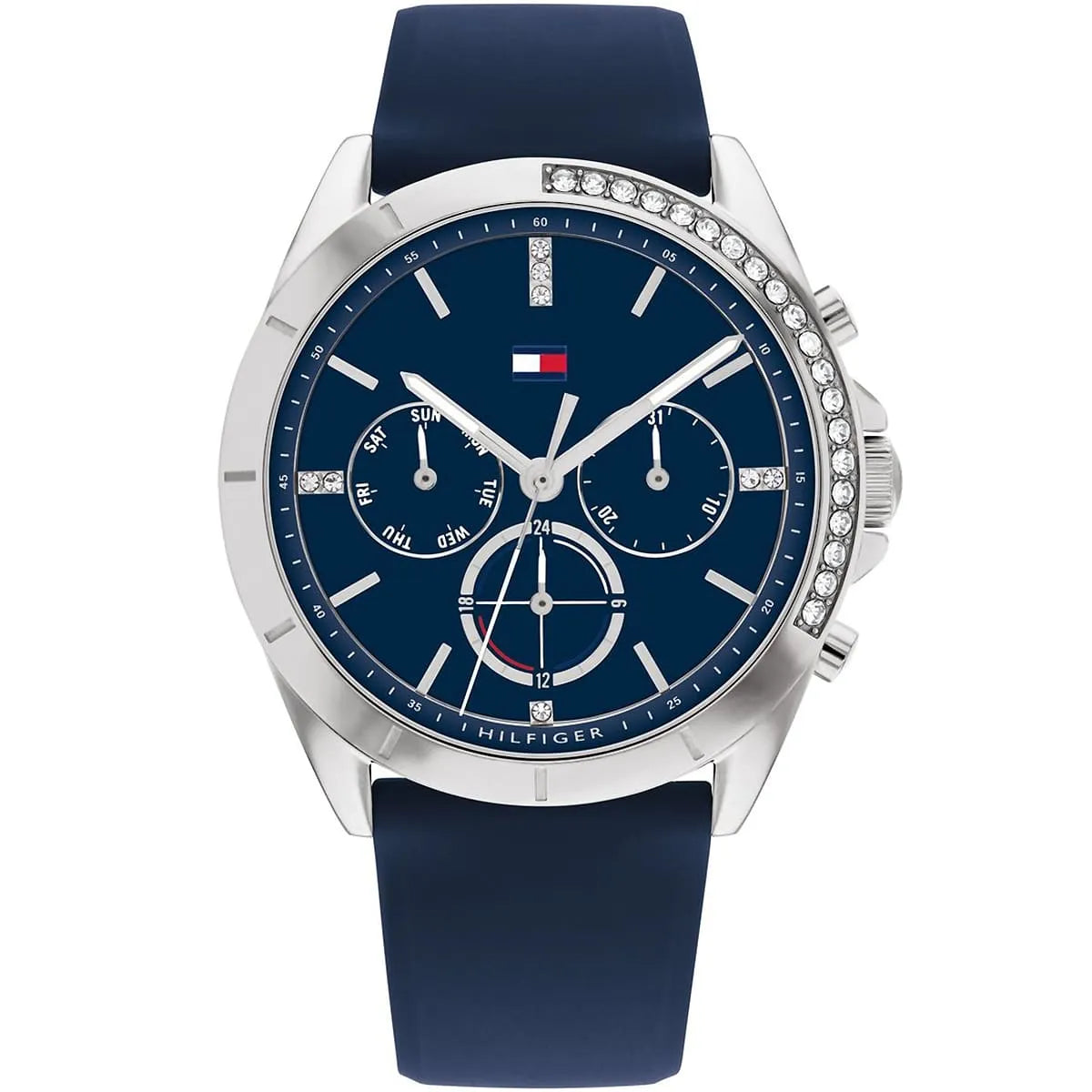 Tommy Hilfiger Kennedy women's watch with navy dial, crystal bezel, and navy rubber strap