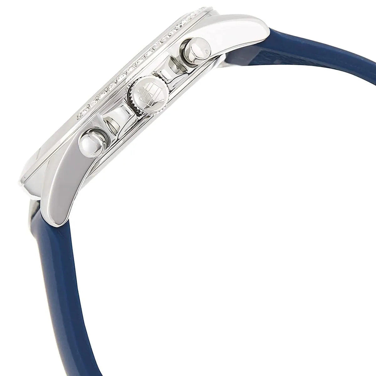 Tommy Hilfiger Kennedy watch side view displaying chronograph pushers and navy strap