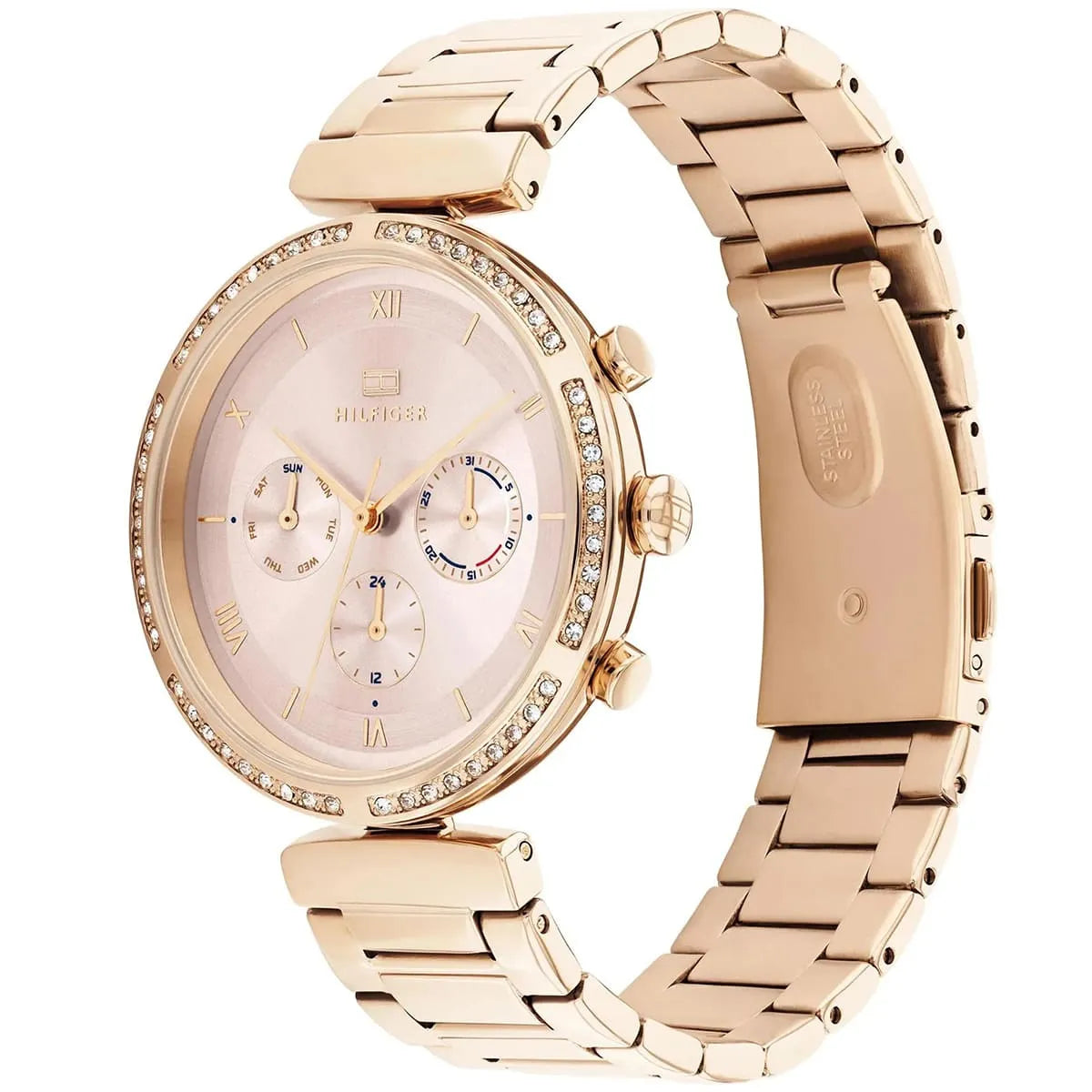 Tommy Hilfiger rose gold watch shown from side angle with full metal bracelet visible