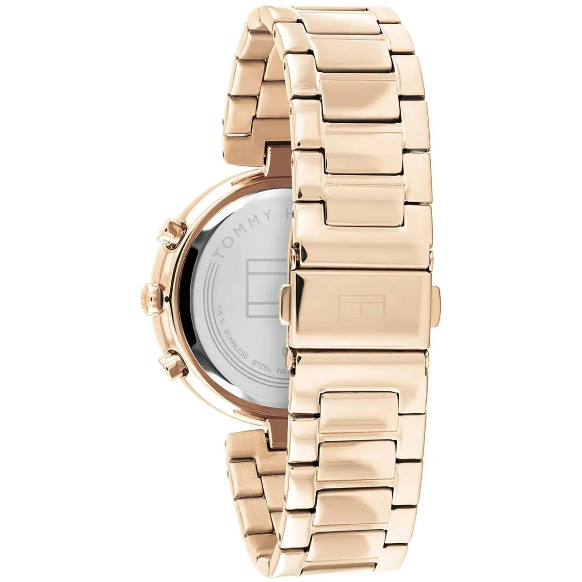 Tommy Hilfiger rose gold watch caseback showing stainless steel case back and bracelet