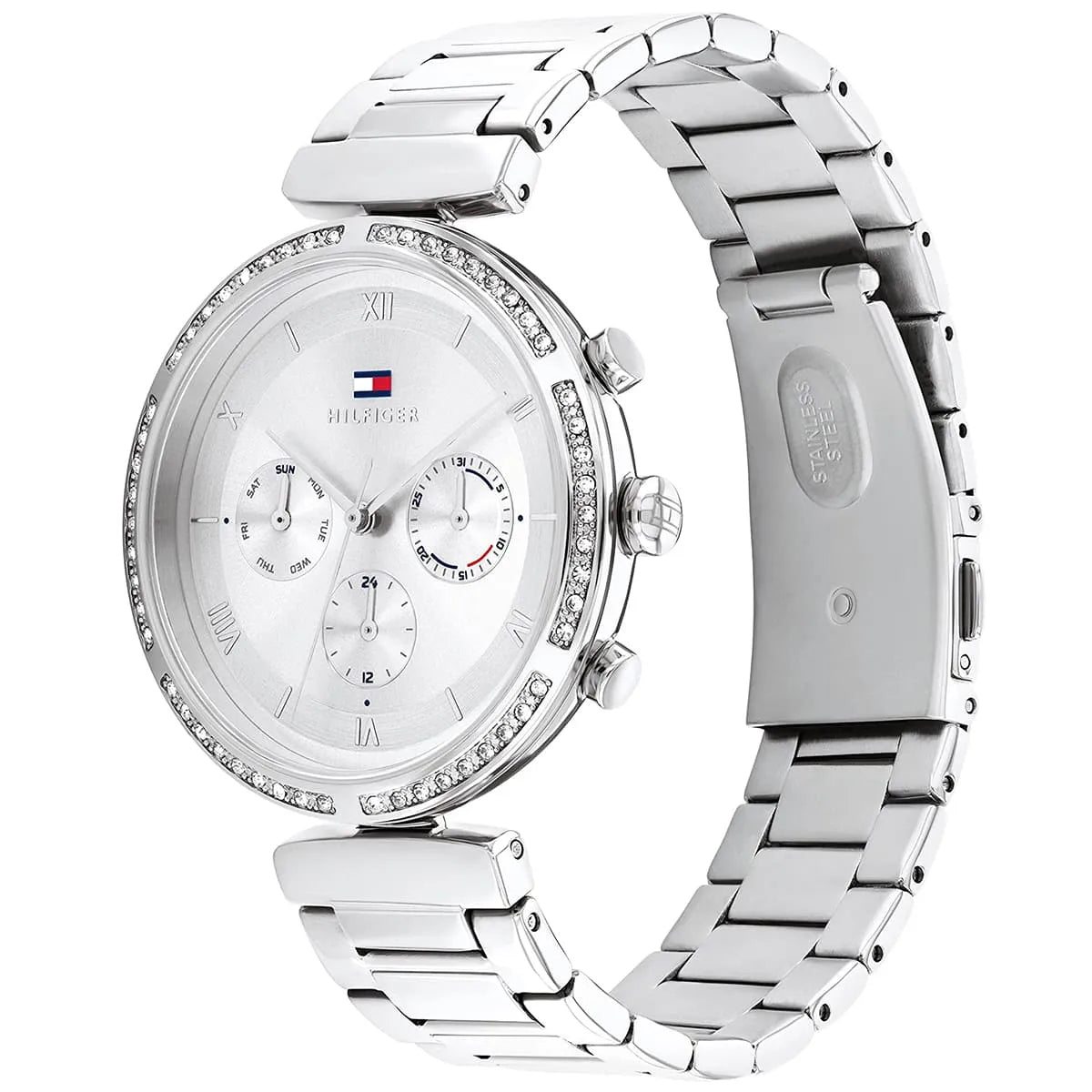 Side angle view of Tommy Hilfiger Luna watch showing stainless steel bracelet and dial detail