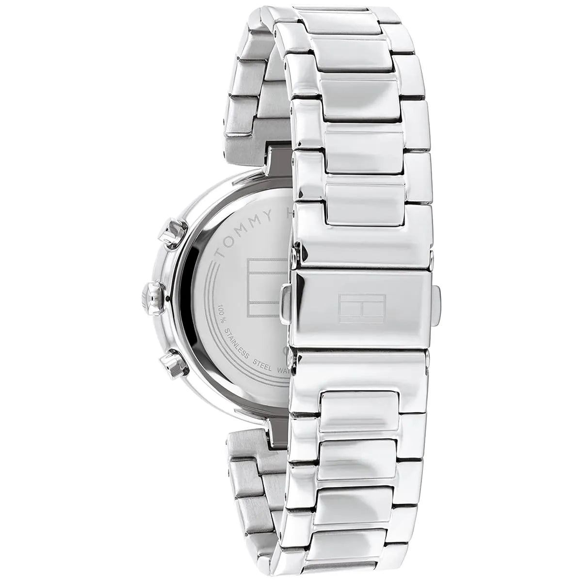 Tommy Hilfiger Luna watch caseback showing stainless steel bracelet links