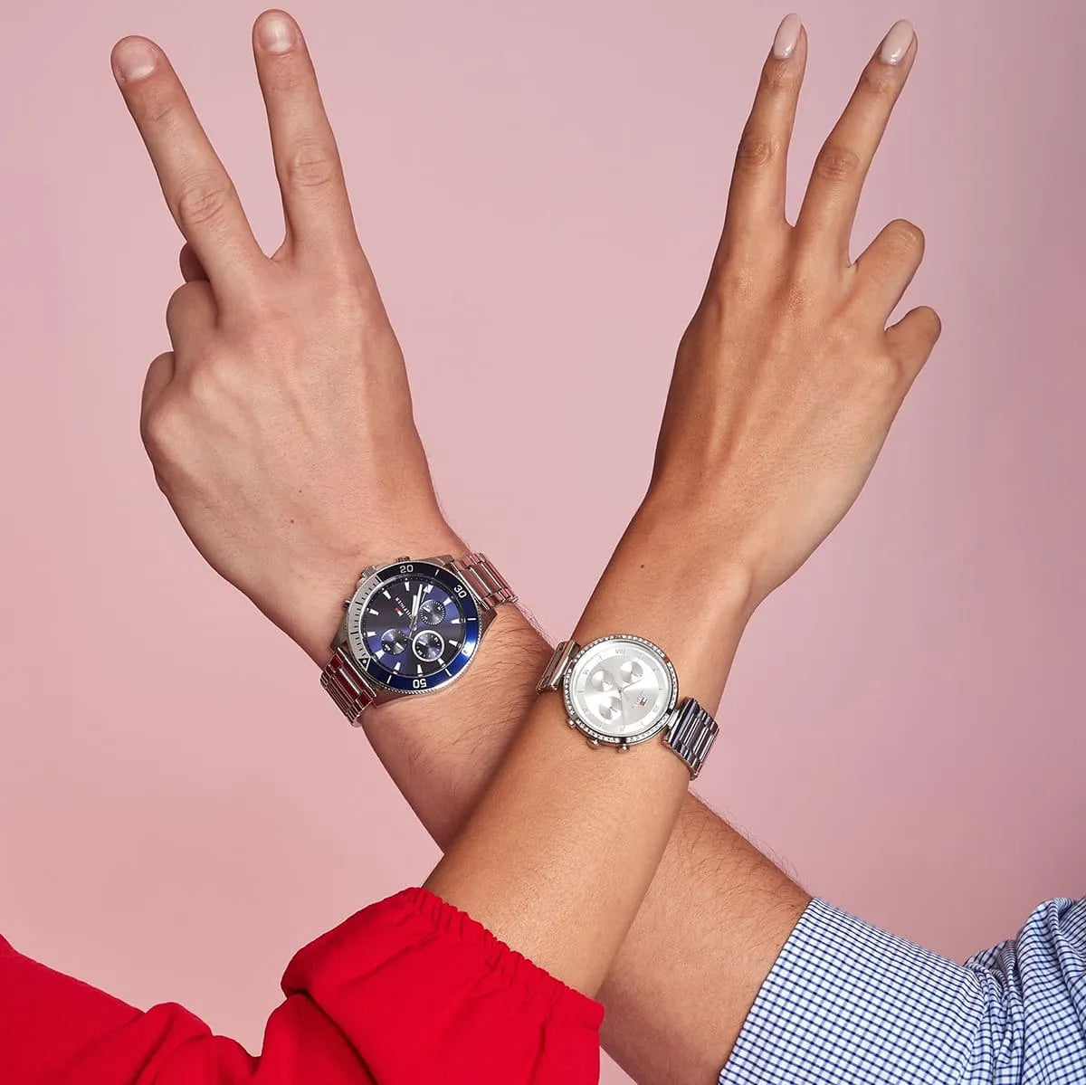 Tommy Hilfiger Luna silver and blue chronograph watches displayed on wrists