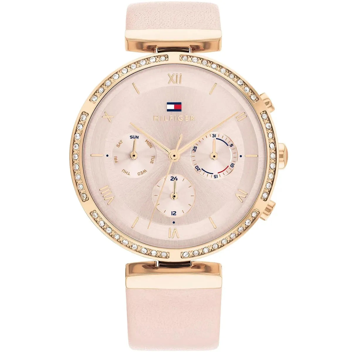 Tommy Hilfiger Luna rosegold watch with blush pink dial and leather strap, multi-function chronograph subdials
