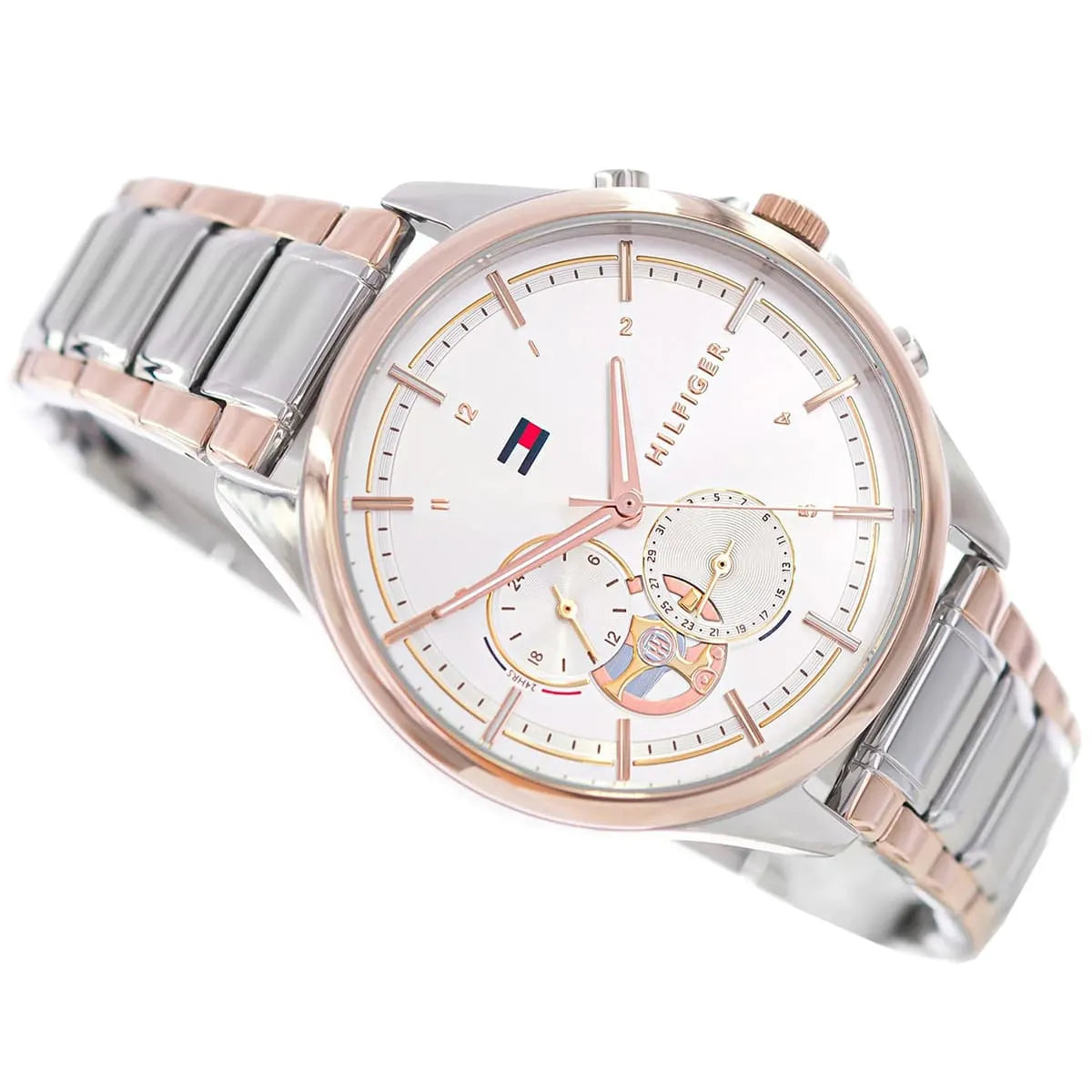 Tommy Hilfiger Quinn 38mm women's watch displaying dial with rose gold hands and subdials