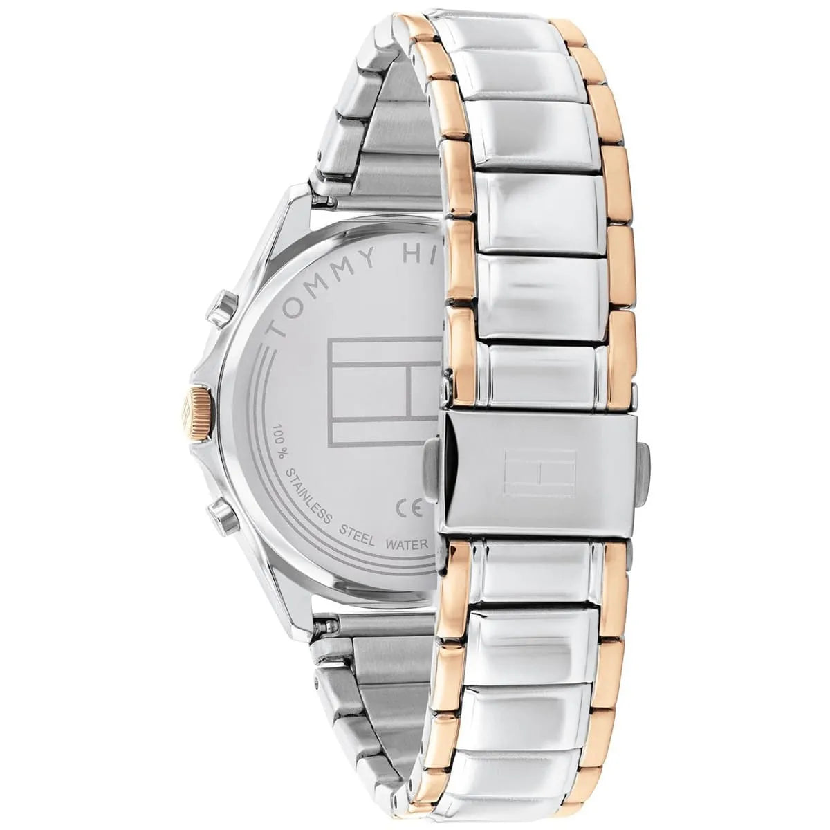 Back view of Tommy Hilfiger Quinn watch showing caseback with two-tone bracelet