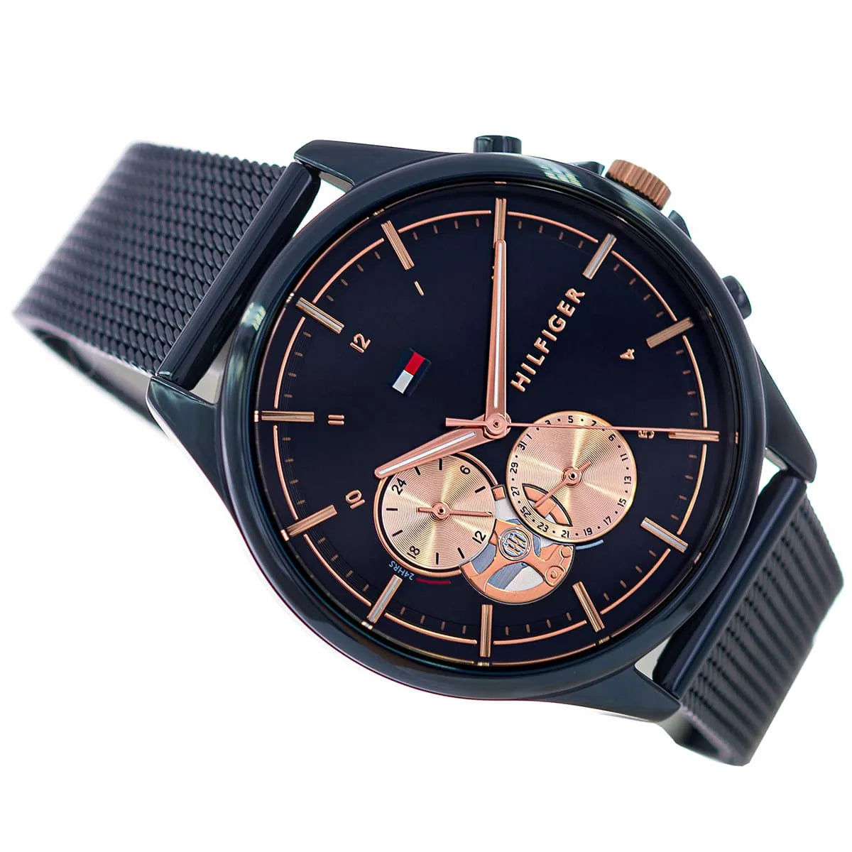 Tommy Hilfiger women's watch angled view with navy mesh strap and rose gold accents