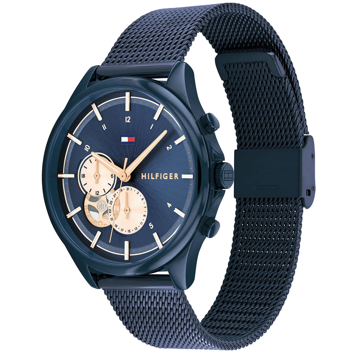 Tommy Hilfiger women's watch at angle showing navy mesh strap and blue dial face