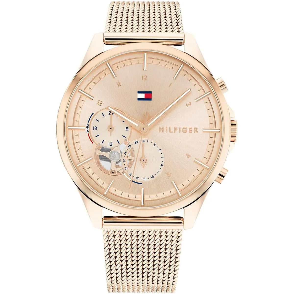 Tommy Hilfiger Quinn women's watch with rose gold dial, mesh strap, and chronograph subdials