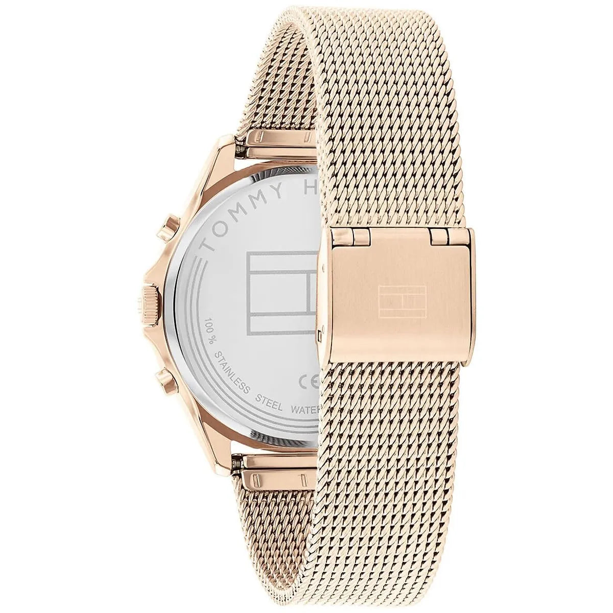 Side view of Tommy Hilfiger Quinn watch showing rose gold case and mesh bracelet