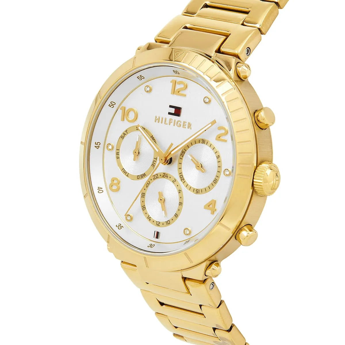 Tommy Hilfiger Emery women's chronograph with white dial, gold numerals, and three chronograph subdials
