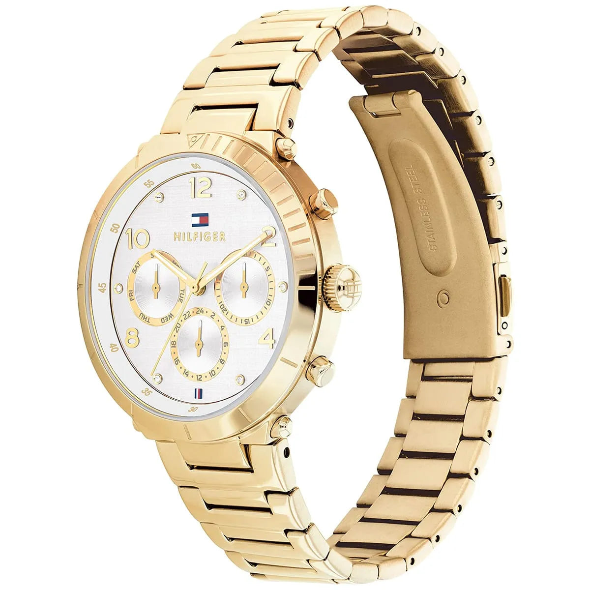 Tommy Hilfiger Emery watch three-quarter view showing gold bracelet and side profile with white dial