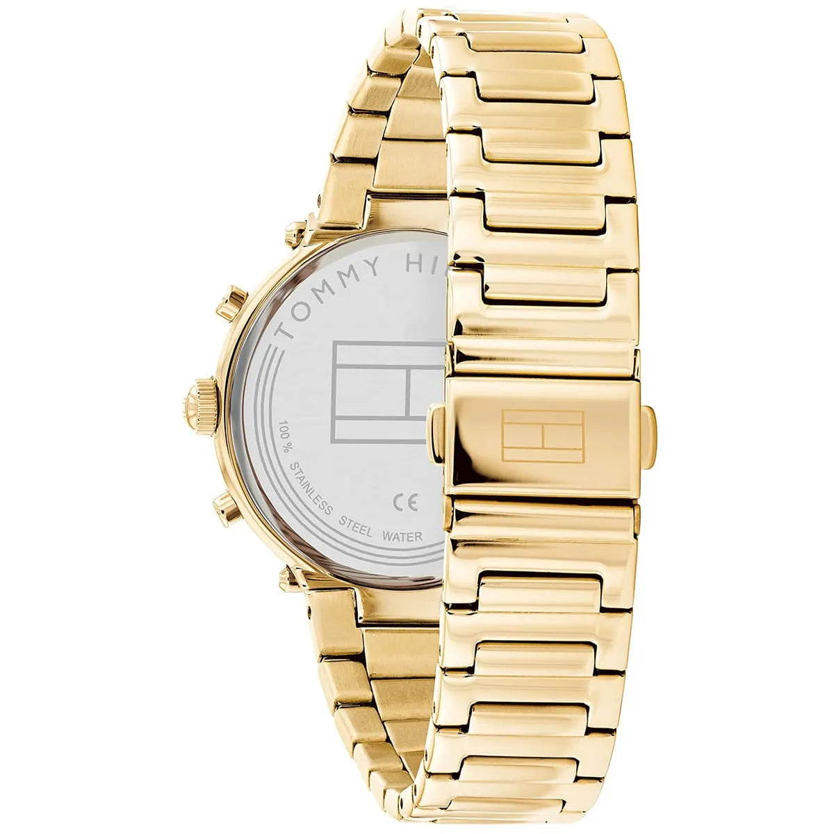 Tommy Hilfiger Emery watch side view of gold stainless steel bracelet and caseback