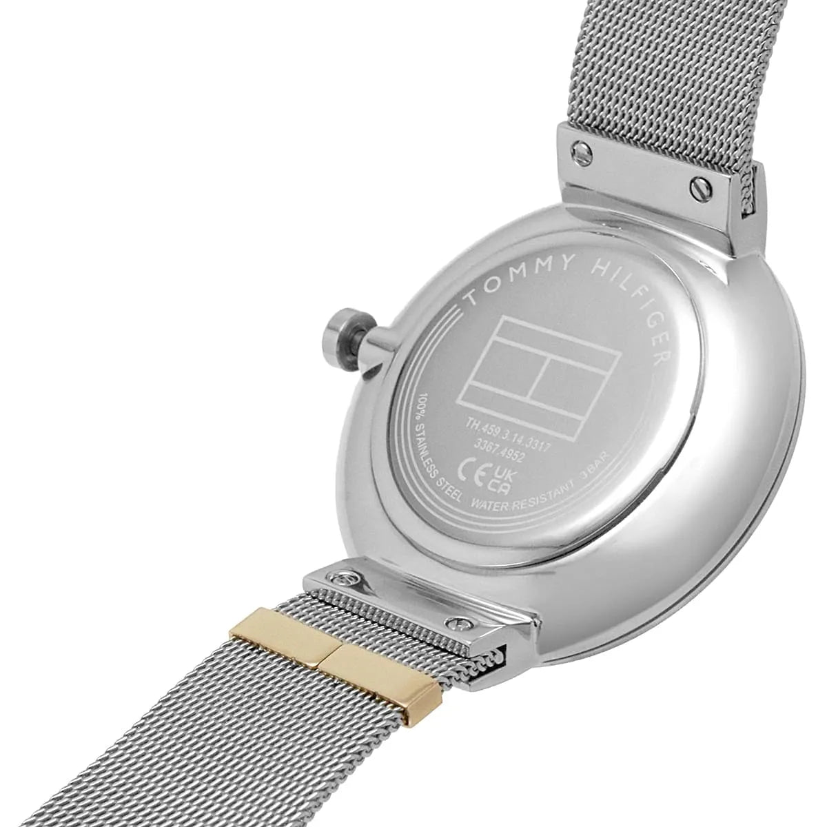 Tommy Hilfiger watch case back showing water resistant and CE markings