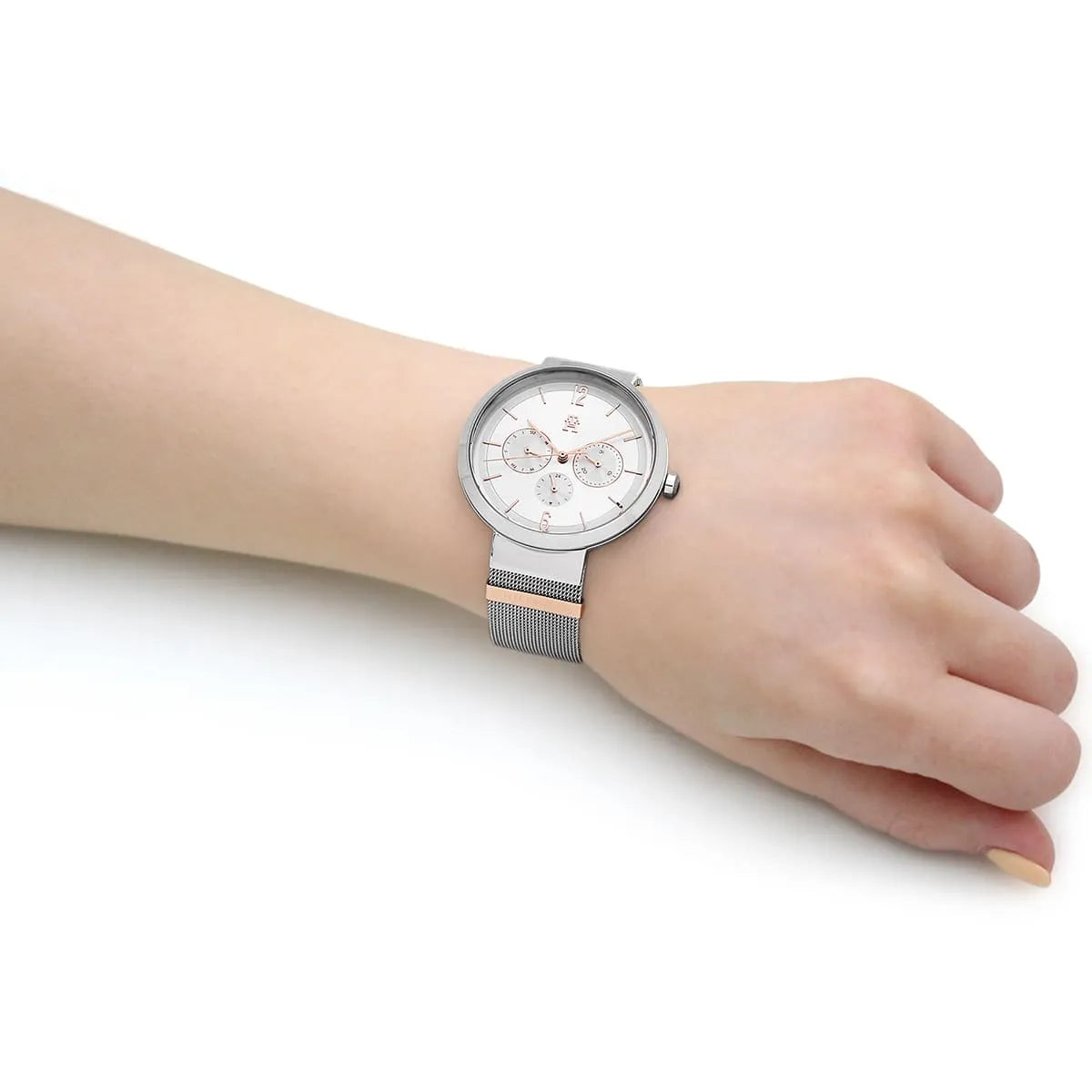 Tommy Hilfiger ladies watch worn on wrist with mesh metal strap