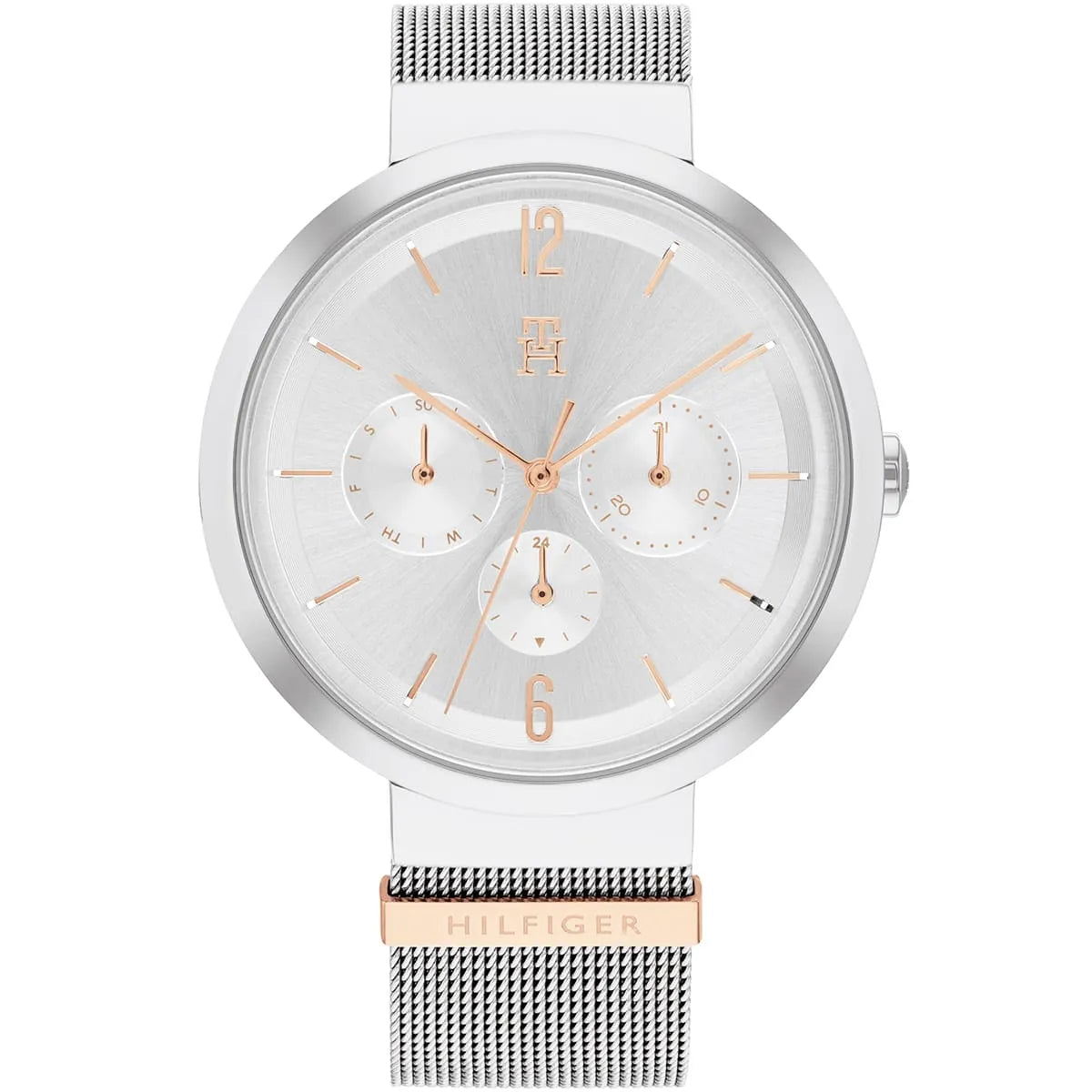 Tommy Hilfiger women's watch with silver chronograph dial and mesh stainless steel strap